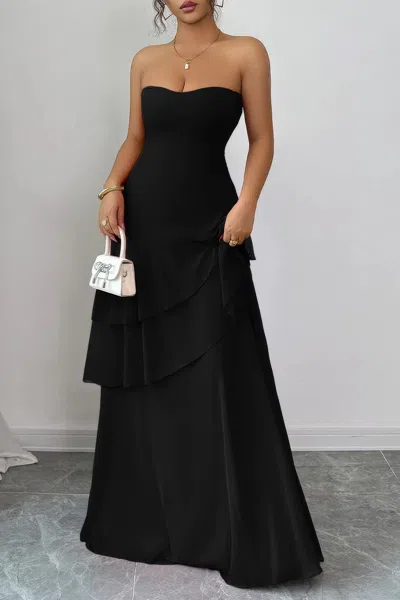 Truedames Off Shoulder Cross Back High Waist Layer Maxi Dress In Black