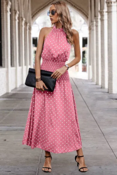 Truedames Off Shoulder Dot Print Fit Ruffle Full Dress In Pink