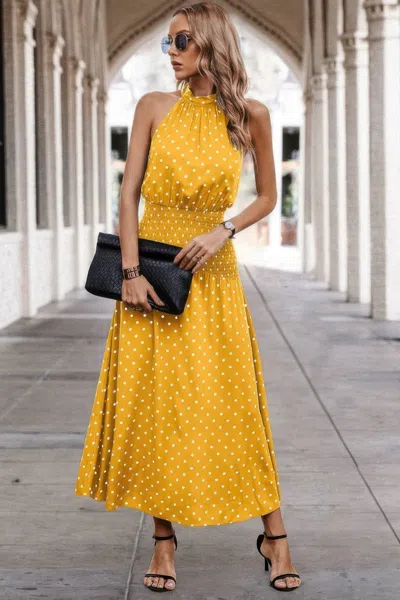 Truedames Off Shoulder Dot Print Fit Ruffle Full Dress In Yellow