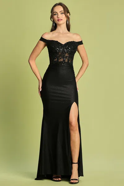 Truedames Off Shoulder Fitted Lace Prom Gown In Black