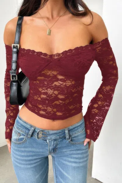 Truedames Off Shoulder Fitted Sheer Lace Long Sleeve Top In Burgundy