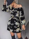 Truedames Off-shoulder Floral Print Long Sleeve Mini Dress In Black