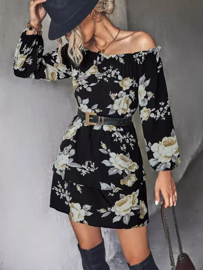 Truedames Off-shoulder Floral Print Long Sleeve Mini Dress In Black