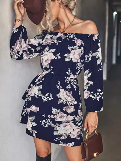 Truedames Off-shoulder Floral Print Long Sleeve Mini Dress In Blue