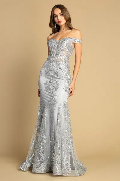 Truedames Off Shoulder Glitter Mermaid Formal Prom Gown In Silver