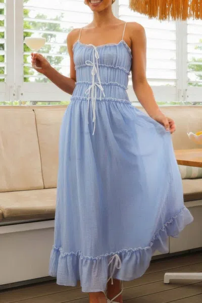 Truedames Off Shoulder Knot Pleated Ruffle Hem Dress In Blue