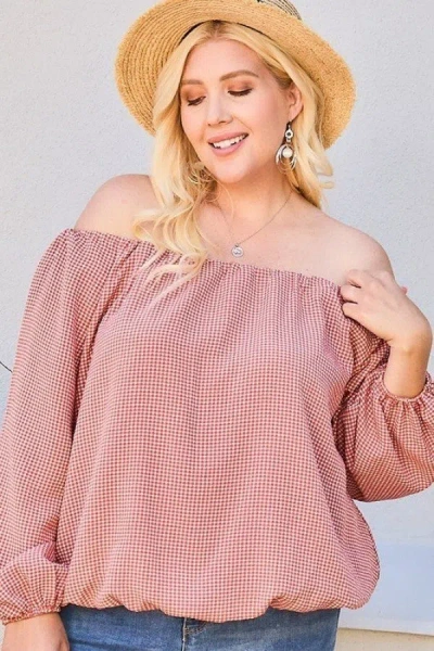 Truedames Off Shoulder Long Bubble Sleeve Plaid Top In Red
