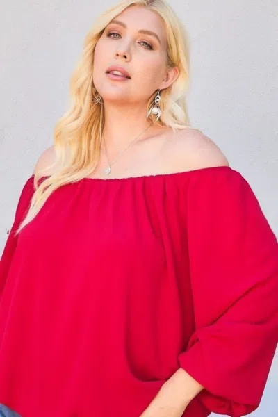 Truedames Off Shoulder Long Bubble Sleeve Solid Top In Red