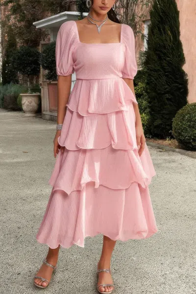 Truedames Off Shoulder Puff Short Sleeves Tiered Dress In Pink