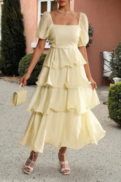 Truedames Off Shoulder Puff Short Sleeves Tiered Dress In Yellow