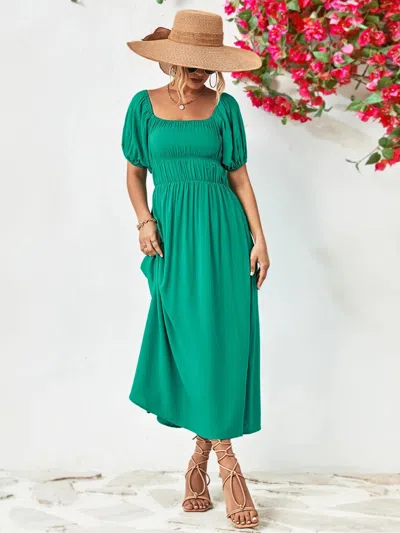 Truedames Off-shoulder Puff Sleeve Smocked Maxi Dress In Green