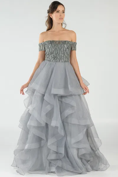Truedames Off Shoulder Rhinestone Long Ruffled Dress In Gray