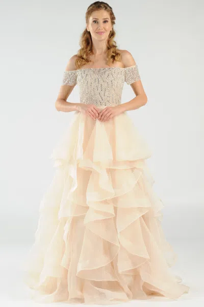 Truedames Off Shoulder Rhinestone Long Ruffled Dress In White