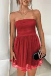 Truedames Off Shoulder Ruched Knot Zipper Pleated Short Dress In Red