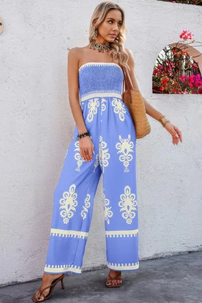 Truedames Off Shoulder Ruched Printed High Waist Jumpsuit In Blue