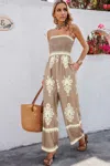 Truedames Off Shoulder Ruched Printed High Waist Jumpsuit In Brown