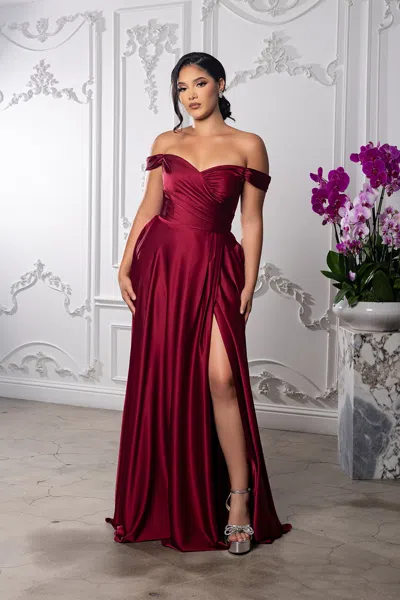 Truedames Off Shoulder Satin Dress With High Slit Pockets & Corset Lace-up Back In Red