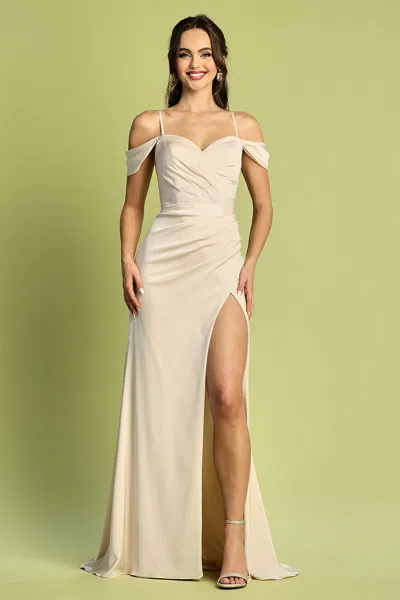 Truedames Off Shoulder Satin Fitted Slit Formal Gown In White