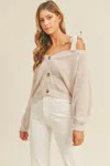 Truedames Off Shoulder Self Tie Strap Button Down Sweater In Beige