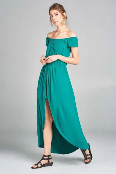 Truedames Off Shoulder Solid Jersey Romper Maxi In Gold
