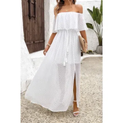 Truedames Off Shoulder Solid Tassel Ruffle Trim Split Dress In White