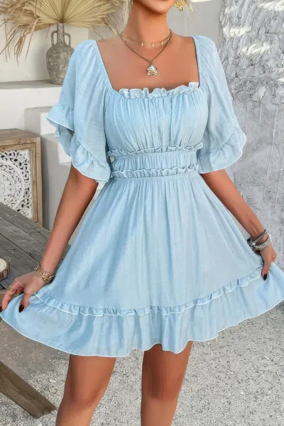 Truedames Off Shoulder Square Neck Ruffle Trim Short Dress In Blue