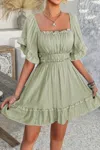 Truedames Off Shoulder Square Neck Ruffle Trim Short Dress In Green