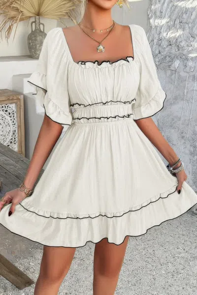 Truedames Off Shoulder Square Neck Ruffle Trim Short Dress In White