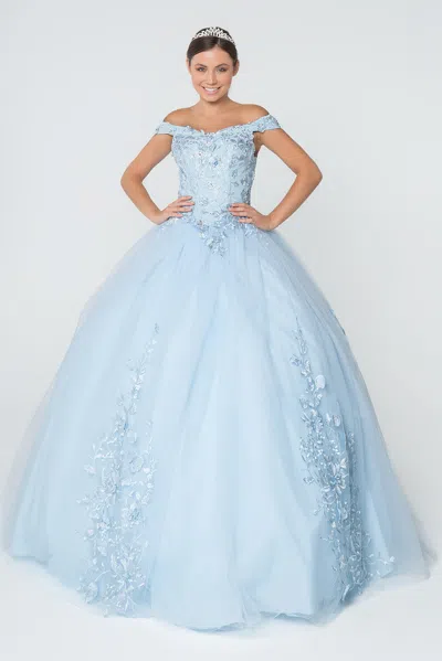Truedames Off The Shoulder Embroidered Quince Ball Gown In Blue