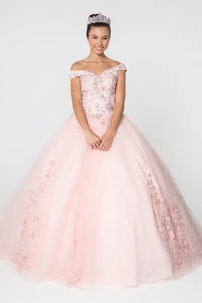 Truedames Off The Shoulder Embroidered Quince Ball Gown In Pink