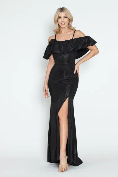 Truedames Off-shoulder Glitter Knit Gown With Ruffled Overlay And Side Slit For Formal Events In Black