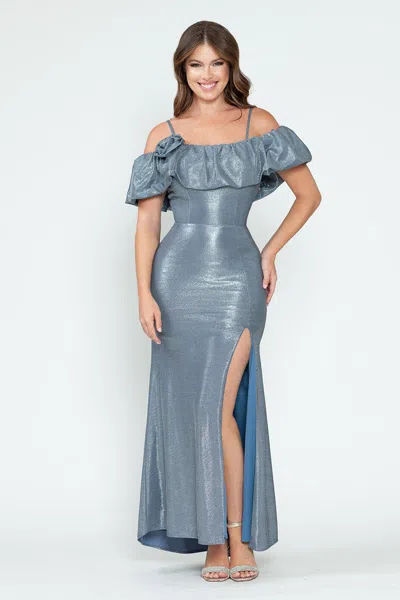 Truedames Off-shoulder Glitter Knit Gown With Ruffled Overlay And Side Slit For Formal Events In Multi