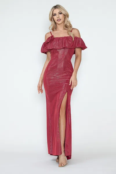 Truedames Off-shoulder Glitter Knit Gown With Ruffled Overlay And Side Slit For Formal Events In Red