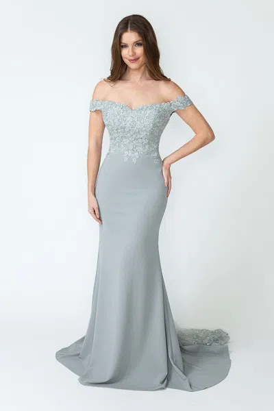 Truedames Off-shoulder Lace Bodice Mermaid Gown With Sheer Back Train For Formal Events In Blue