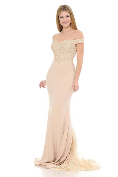 Truedames Off-shoulder Lace Bodice Mermaid Gown With Sheer Back Train For Formal Events In Neutral