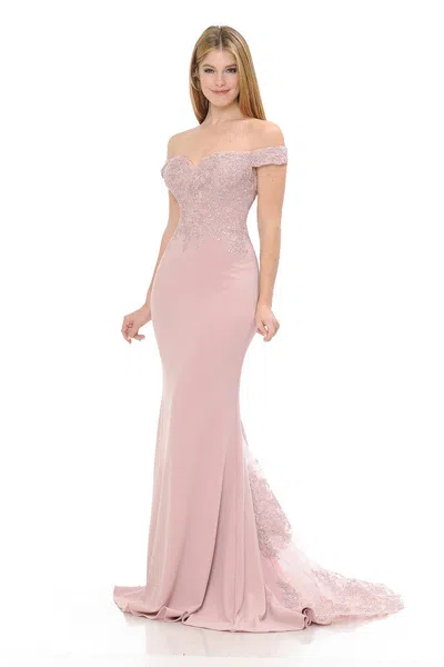Truedames Off-shoulder Lace Bodice Mermaid Gown With Sheer Back Train For Formal Events In Pink