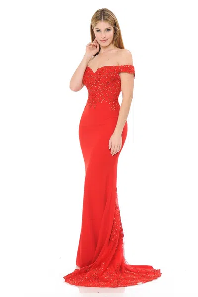 Truedames Off-shoulder Lace Bodice Mermaid Gown With Sheer Back Train For Formal Events In Red