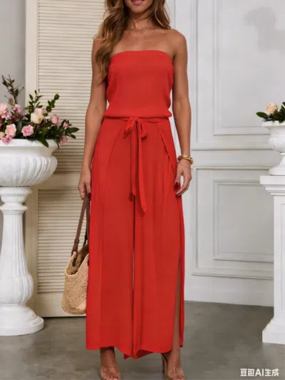 Truedames Off-shoulder Long Jumpsuit With Side Slit In Red