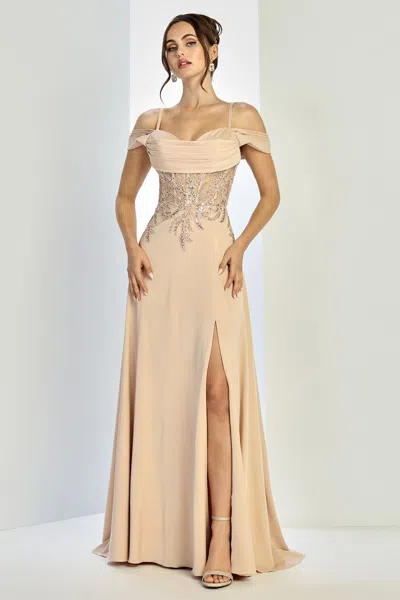 Truedames Off-shoulder Pleated Lace Corset Prom Gown In Neutral