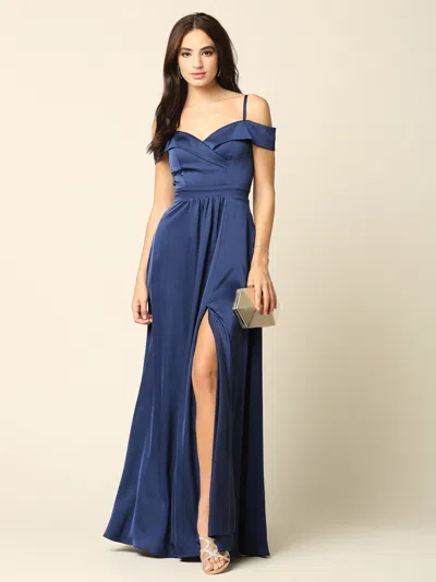 Truedames Off-shoulder Satin A-line Evening Gown With Slit In Blue