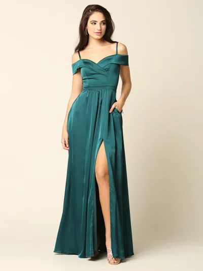 Truedames Off-shoulder Satin A-line Evening Gown With Slit In Green