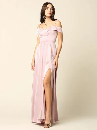 Truedames Off-shoulder Satin A-line Evening Gown With Slit In Pink