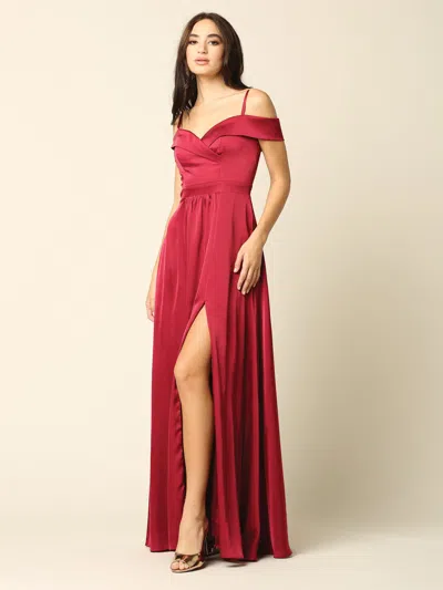 Truedames Off-shoulder Satin A-line Evening Gown With Slit In Red