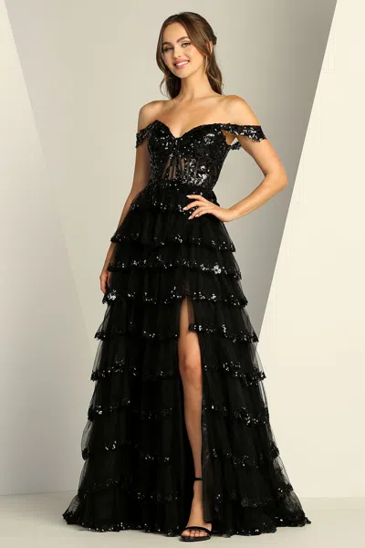 Truedames Off-shoulder Sequin A-line Formal Dress In Black