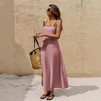 Truedames Off-the-shoulder Backless Solid Color Suspender Strap-up Long Dress In Pink