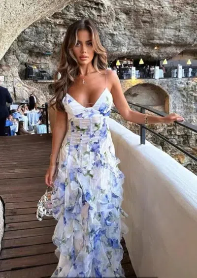 Truedames Off-the-shoulder Women's Fashion Chiffon Printed Ethereal Long Elegant Evening Gown In Blue