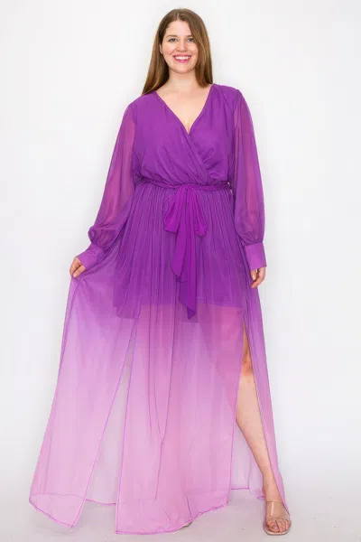Truedames Ombre Chiffon Wrap Front Long Sleeve Tie Waist Slit Front Maxi Dress In Pink