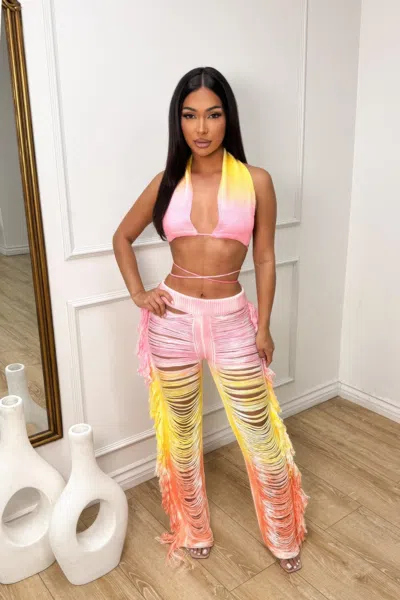 Truedames Ombre Fringe Destroyed Pants Set In Multi