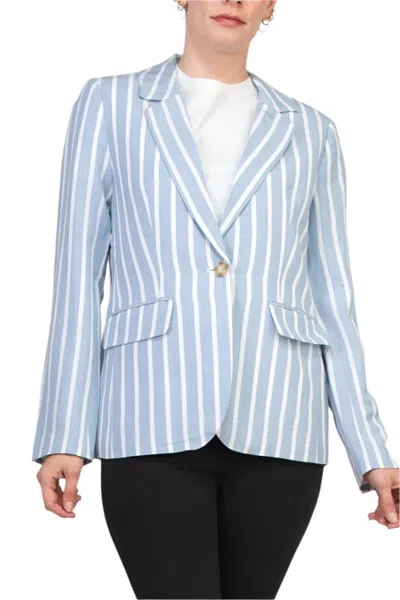 Truedames One Button Closure Stripe Pattern Notched Collar Long Sleeve Linen Cotton Blend Blazer In Blue