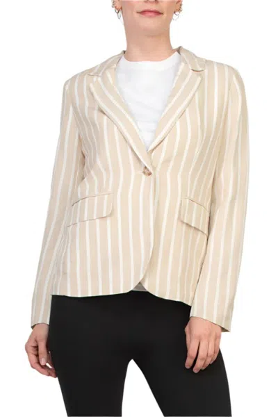 Truedames One Button Closure Stripe Pattern Notched Collar Long Sleeve Linen Cotton Blend Blazer In Gold